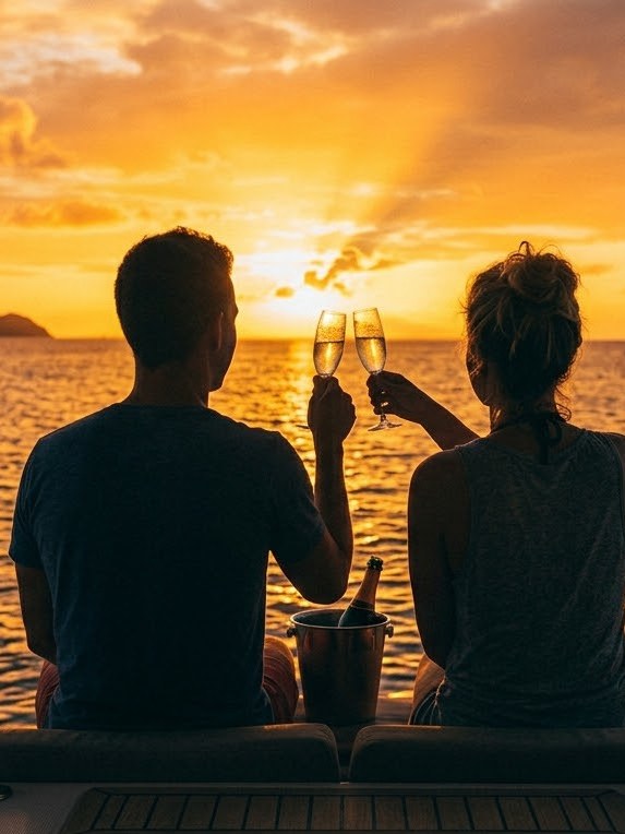 A couple relaxing with a drink at sunset on the water